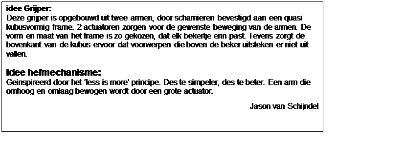 Tekstvak: idee Grijper: 
Deze grijper is opgebouwd uit twee armen, door scharnieren bevestigd aan een quasi kubusvormig frame. 2 actuatoren zorgen voor de gewenste beweging van de armen. De vorm en maat van het frame is zo gekozen, dat elk bekertje erin past. Tevens zorgt de bovenkant van de kubus ervoor dat voorwerpen die boven de beker uitsteken er niet uit vallen.

Idee hefmechanisme: 
Geinspireerd door het less is more principe. Des te simpeler, des te beter. Een arm die omhoog en omlaag bewogen wordt door een grote actuator.
Jason van Schijndel
