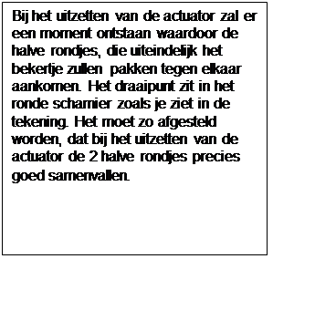 Tekstvak: Bij het uitzetten van de actuator zal er een moment ontstaan waardoor de halve rondjes, die uiteindelijk het bekertje zullen pakken tegen elkaar aankomen. Het draaipunt zit in het ronde scharnier zoals je ziet in de tekening. Het moet zo afgesteld worden, dat bij het uitzetten van de actuator de 2 halve rondjes precies goed samenvallen.